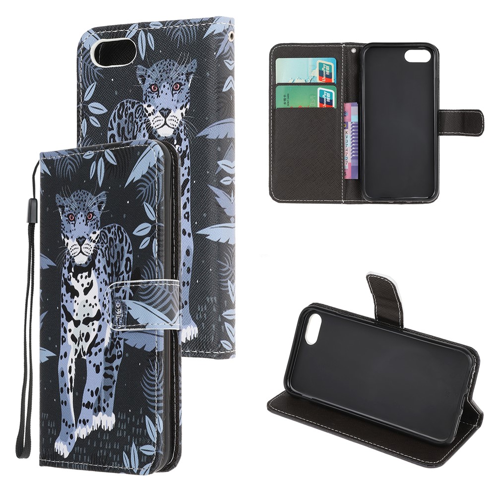 Newly Cross Texture Patterned Leather Wallet Cover with Strap for iPhone 7/8/SE (2nd Generation) - Leopard-1