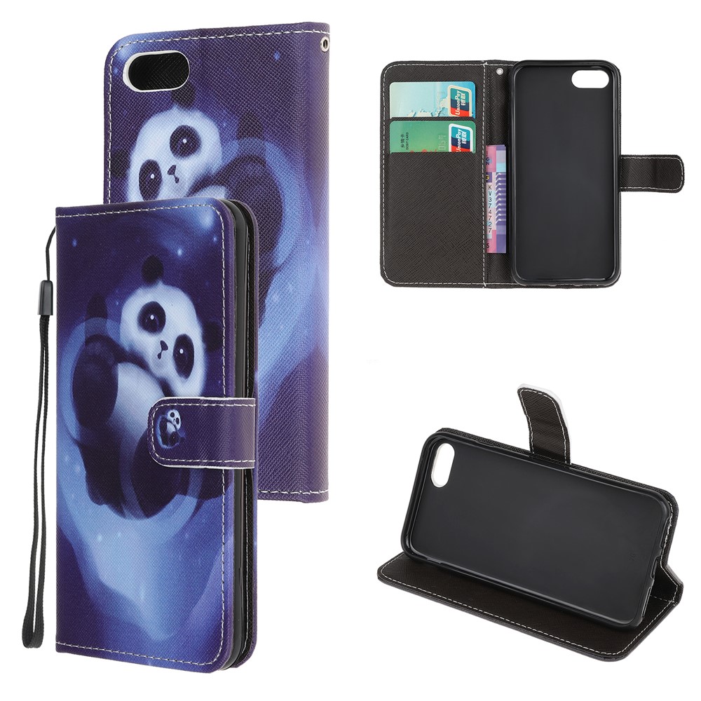 Newly Cross Texture Patterned Leather Wallet Cover with Strap for iPhone 7/8/SE (2nd Generation) - Panda-1