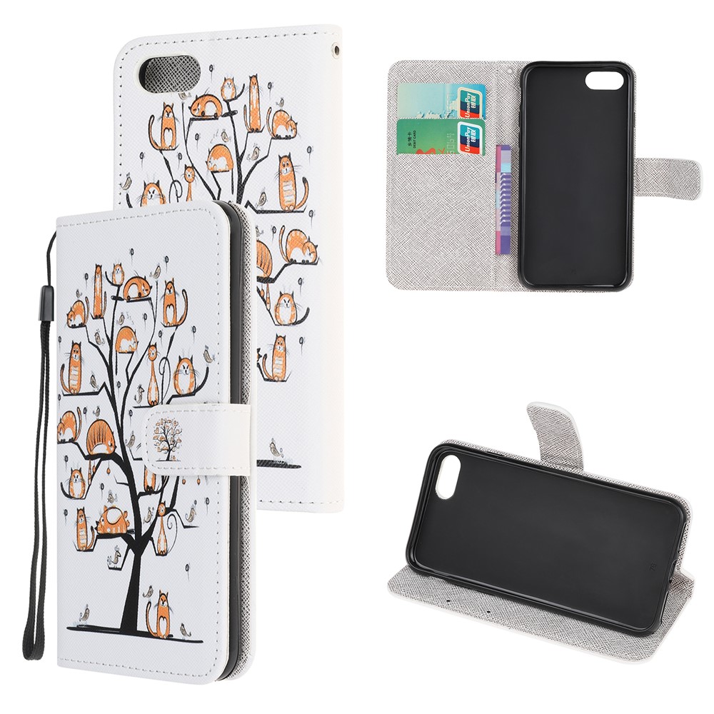 Newly Cross Texture Patterned Leather Wallet Cover with Strap for iPhone 7/8/SE (2nd Generation) - Animal and Tree-1