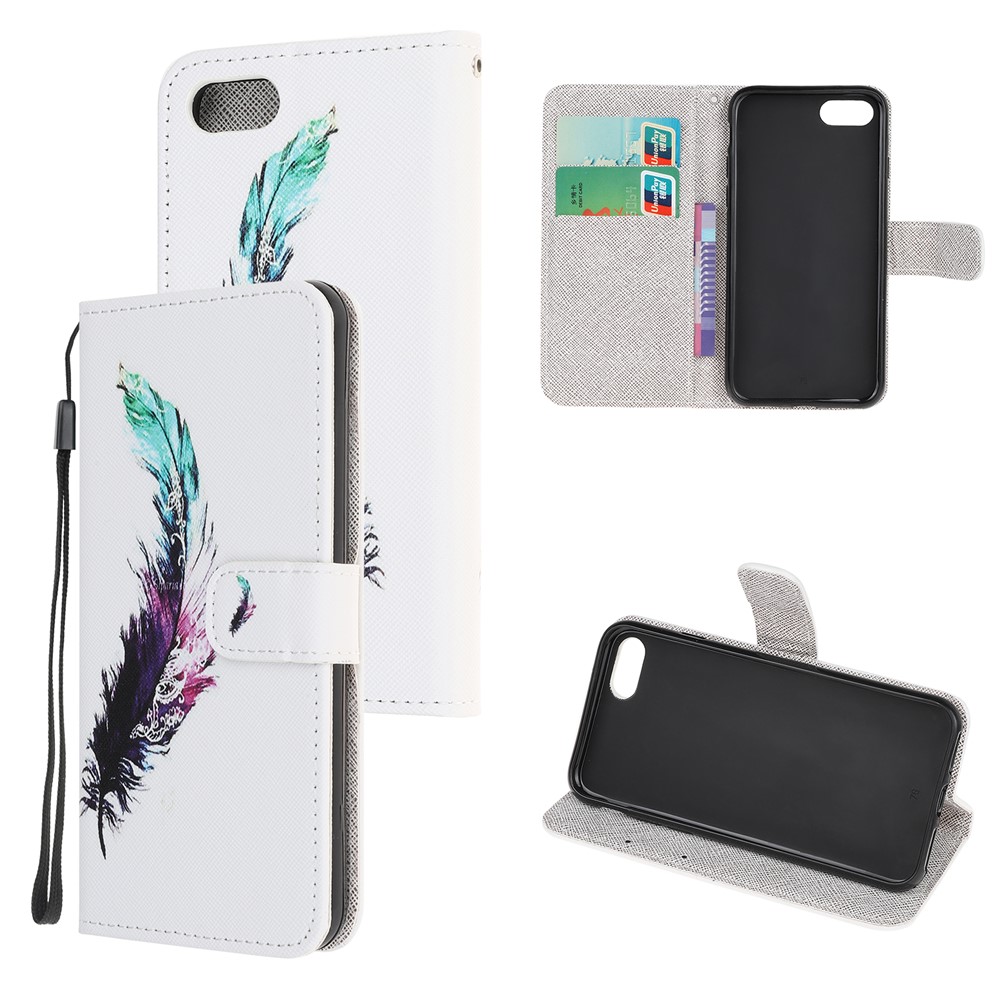Newly Cross Texture Patterned Leather Wallet Cover with Strap for iPhone 7/8/SE (2nd Generation) - Feather-1