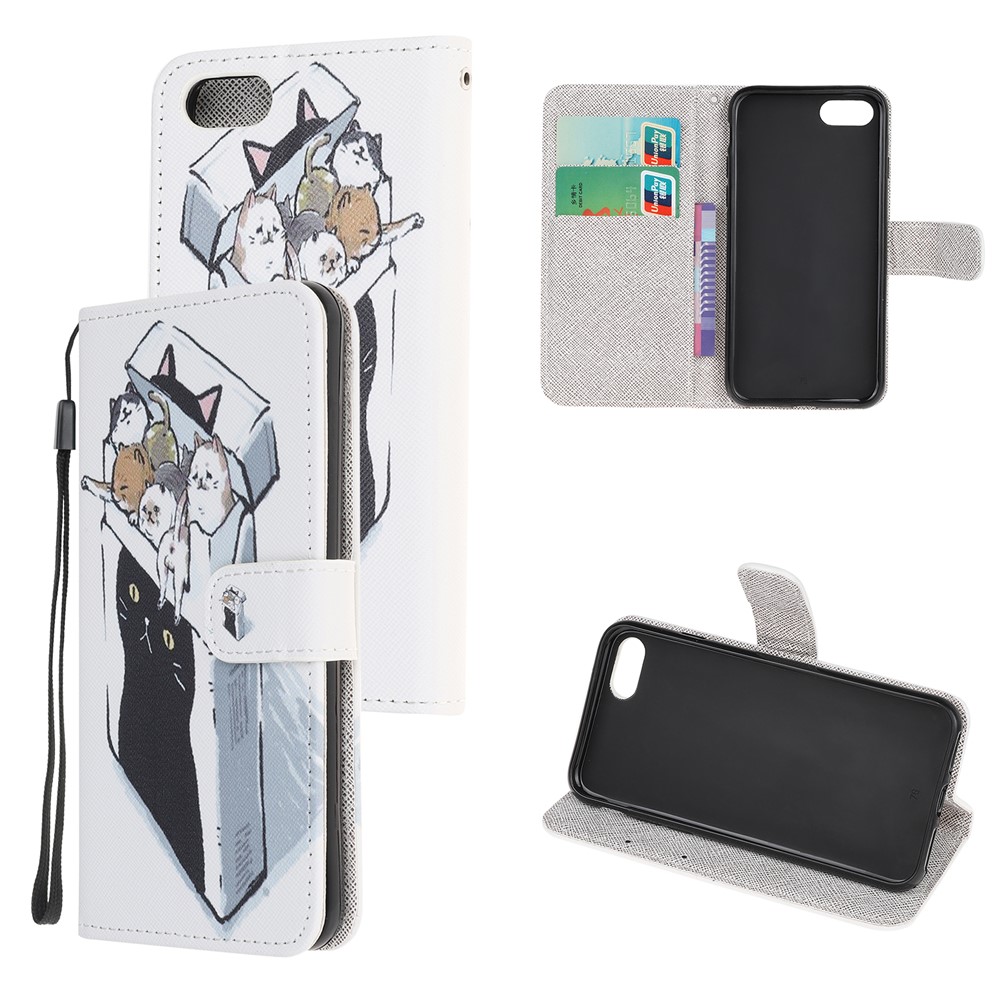 Newly Cross Texture Patterned Leather Wallet Cover with Strap for iPhone 7/8/SE (2nd Generation) - Cat Group-1