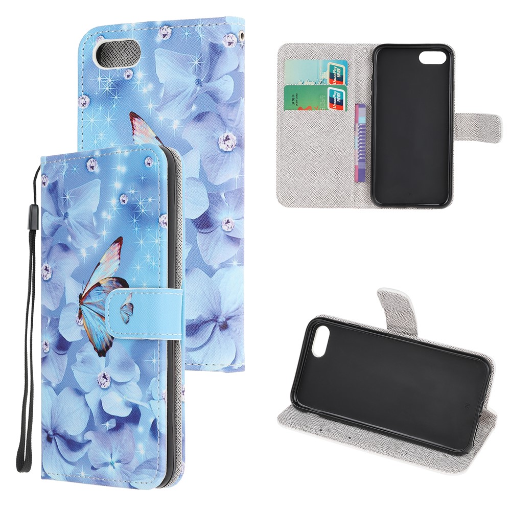 Newly Cross Texture Patterned Leather Wallet Cover with Strap for iPhone 7/8/SE (2nd Generation) - Flowers and Butterfly-1
