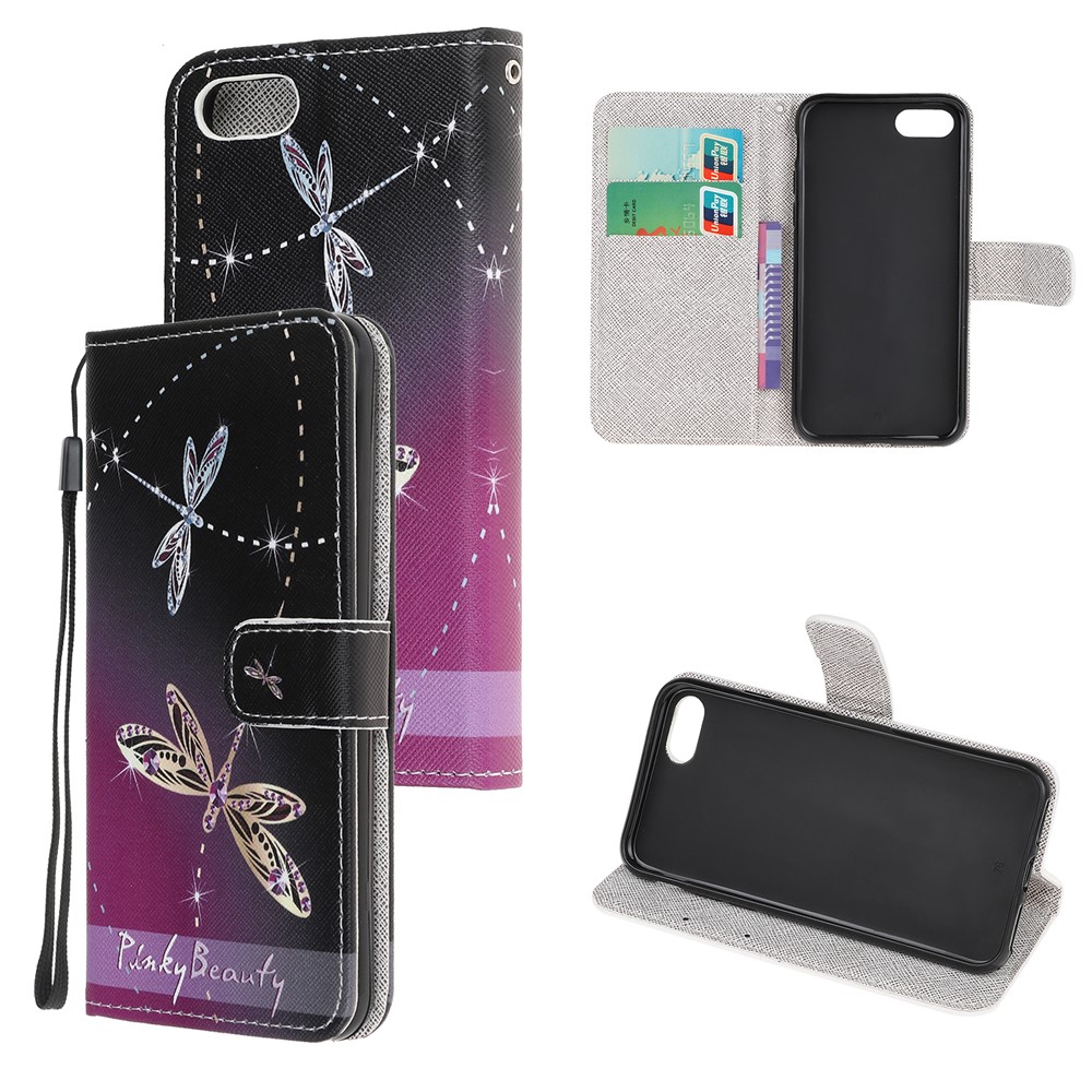 Newly Cross Texture Patterned Leather Wallet Cover with Strap for iPhone 7/8/SE (2nd Generation) - Dragonfly-1