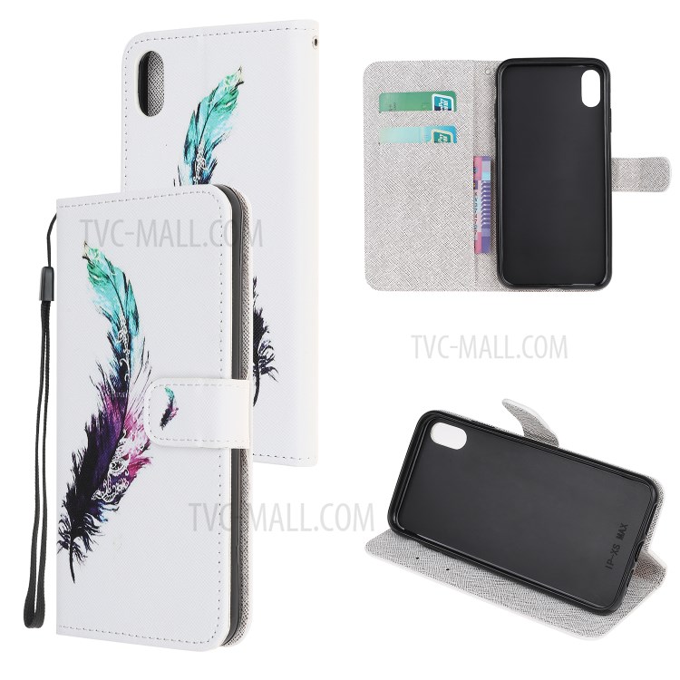 Newly Cross Texture Patterned Leather Stand Wallet Cover with Strap for iPhone XR 6.1 inch - Feather-1