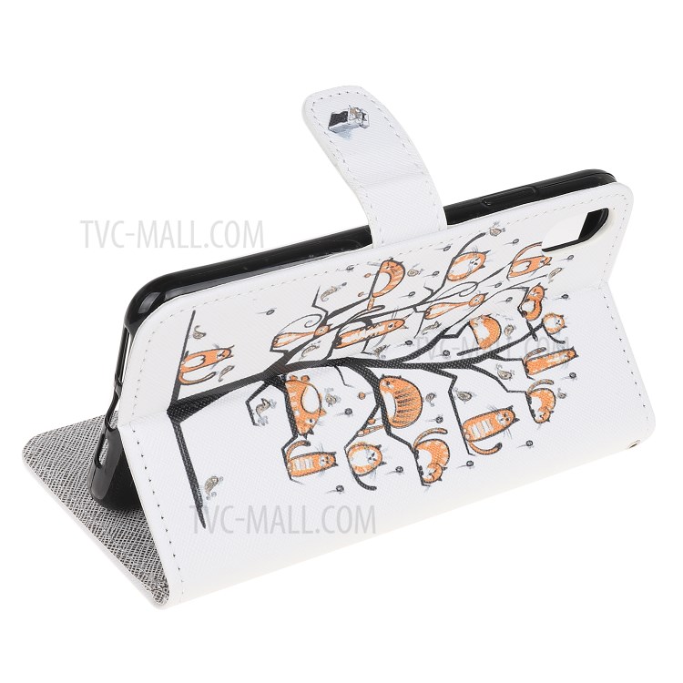 Newly Cross Texture Patterned Leather Stand Wallet Cover with Strap for iPhone XR 6.1 inch - Animal and Tree-4