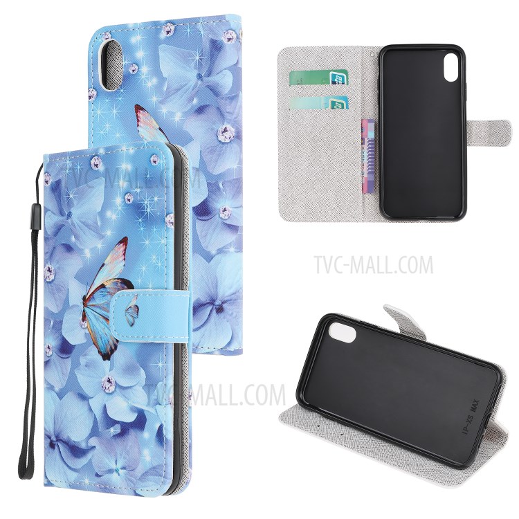 Newly Cross Texture Patterned Leather Stand Wallet Cover with Strap for iPhone XR 6.1 inch - Flowers and Butterfly-1
