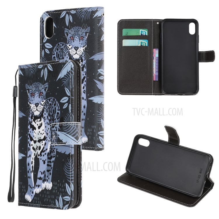 Newly Cross Texture Stylish Patterned Leather Stand Wallet Cover for iPhone XS Max 6.5 inch - Leopard-1