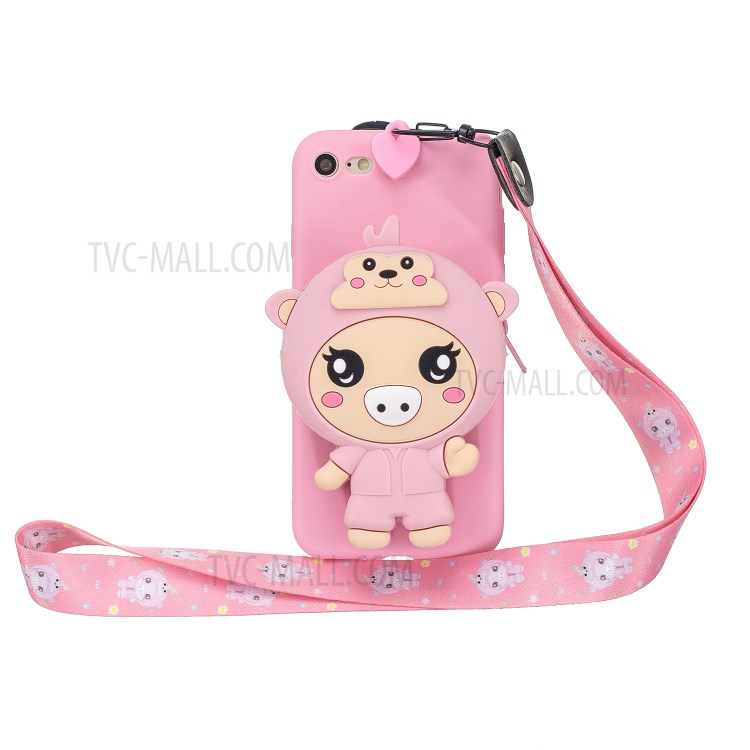 Caso De Telefone TPU Macio Com Bolso Silicone Dinheiro Para Iphone 8 / 7 / Se (2ª Geração) - Porco Cor De Rosa-1