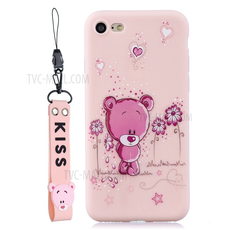 Pattern Printing TPU Gel Protective Case with Silicone Strap for iPhone 8 / 7 / SE (2nd Generation) - Pink Bear-8