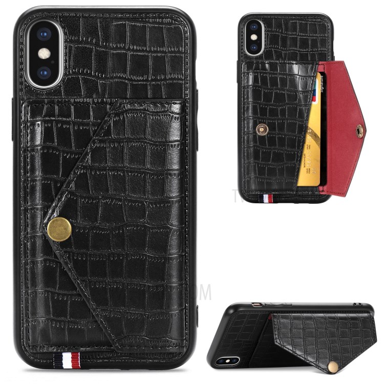 Crocodile Texture Card Holder PU Leather Coated TPU Case for Apple iPhone XS Max 6.5 inch - Black-1