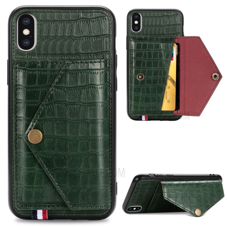 Crocodile Texture Card Holder PU Leather Coated TPU Case for Apple iPhone XS Max 6.5 inch - Green-1
