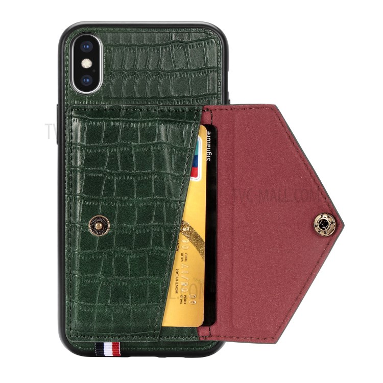 Crocodile Texture Card Holder PU Leather Coated TPU Case for Apple iPhone XS Max 6.5 inch - Green-4