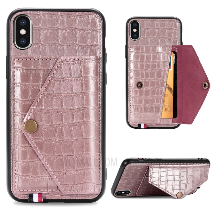 Crocodile Texture Card Holder PU Leather Coated TPU Case for Apple iPhone XS Max 6.5 inch - Rose Gold-1