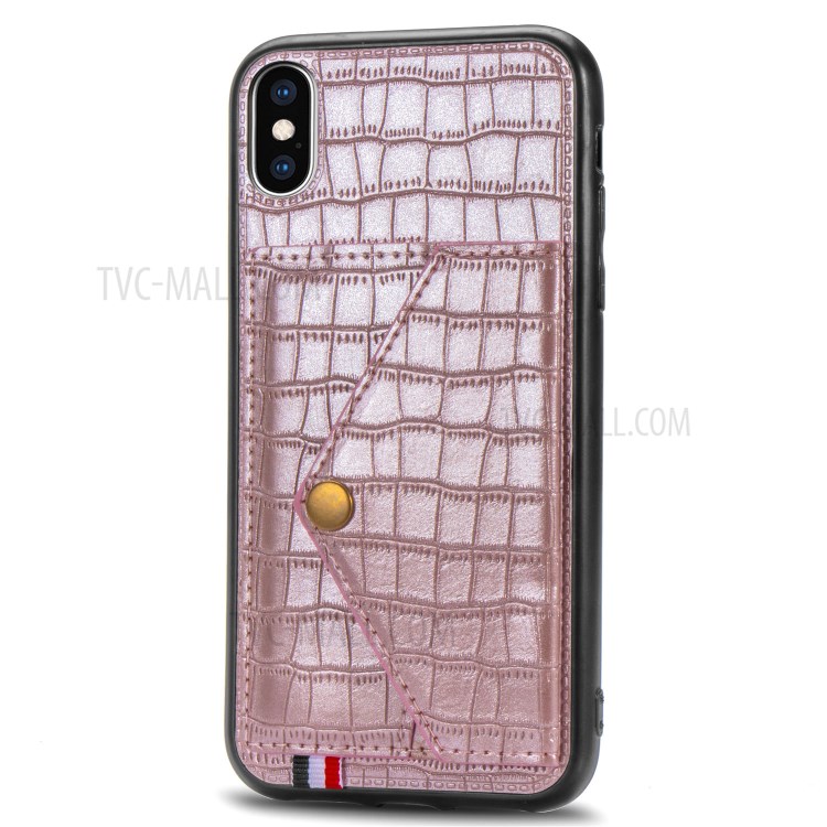 Crocodile Texture Card Holder PU Leather Coated TPU Case for Apple iPhone XS Max 6.5 inch - Rose Gold-3