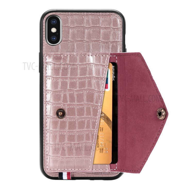 Crocodile Texture Card Holder PU Leather Coated TPU Case for Apple iPhone XS Max 6.5 inch - Rose Gold-4