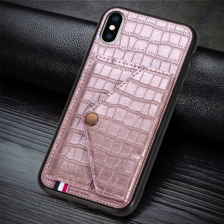Crocodile Texture Card Holder PU Leather Coated TPU Case for Apple iPhone XS Max 6.5 inch - Rose Gold-5