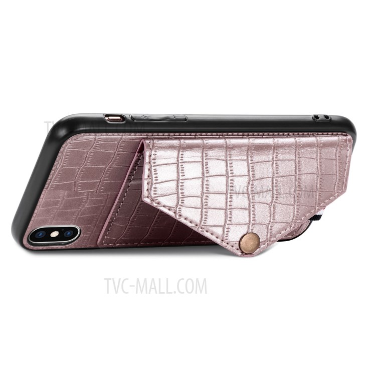 Crocodile Texture Card Holder PU Leather Coated TPU Case for Apple iPhone XS Max 6.5 inch - Rose Gold-7