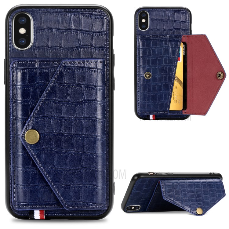 Crocodile Texture Card Holder PU Leather Coated TPU Case for Apple iPhone XS Max 6.5 inch - Blue-1