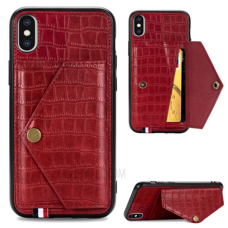 Crocodile Texture Card Holder PU Leather Coated TPU Case for Apple iPhone X/XS - Red-1