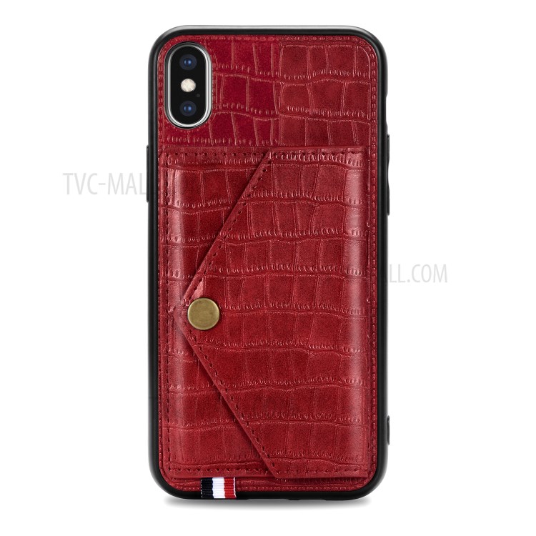 Crocodile Texture Card Holder PU Leather Coated TPU Case for Apple iPhone X/XS - Red-2
