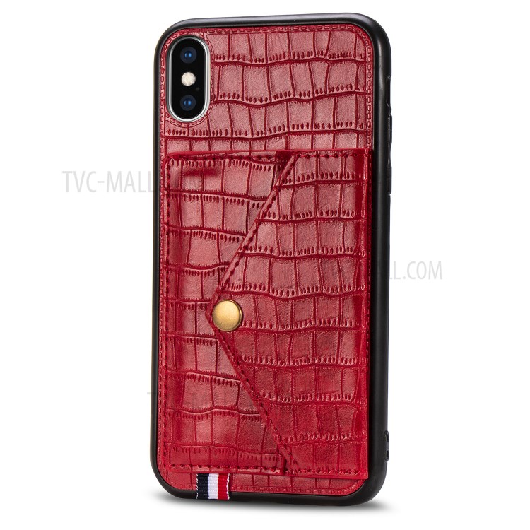 Crocodile Texture Card Holder PU Leather Coated TPU Case for Apple iPhone X/XS - Red-3