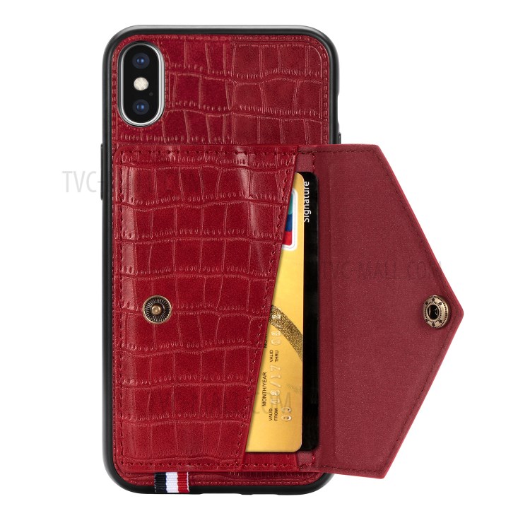 Crocodile Texture Card Holder PU Leather Coated TPU Case for Apple iPhone X/XS - Red-4