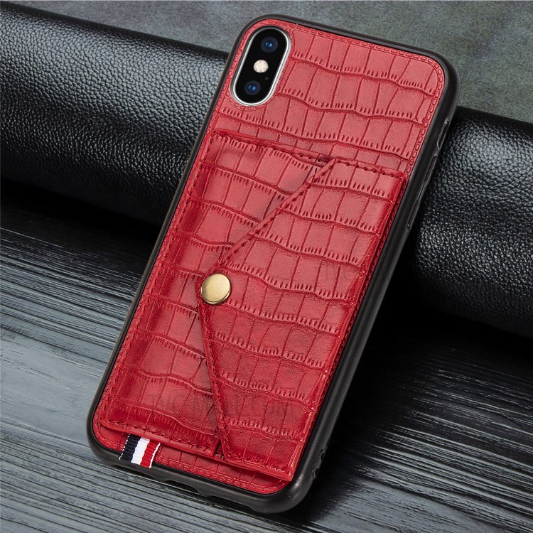 Crocodile Texture Card Holder PU Leather Coated TPU Case for Apple iPhone X/XS - Red-5
