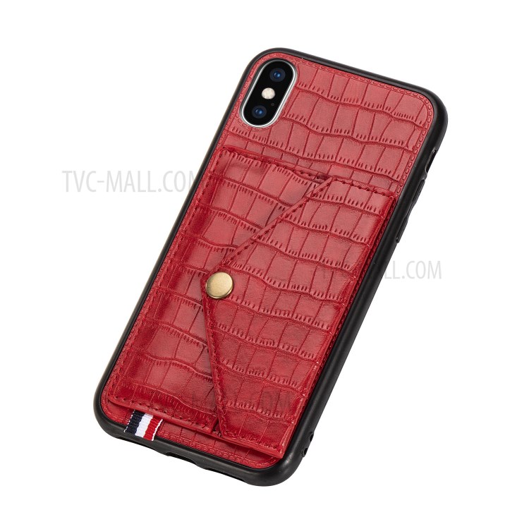 Crocodile Texture Card Holder PU Leather Coated TPU Case for Apple iPhone X/XS - Red-6