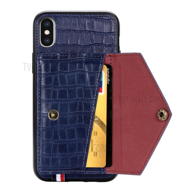 Crocodile Texture Card Holder PU Leather Coated TPU Case for Apple iPhone X/XS - Blue-4