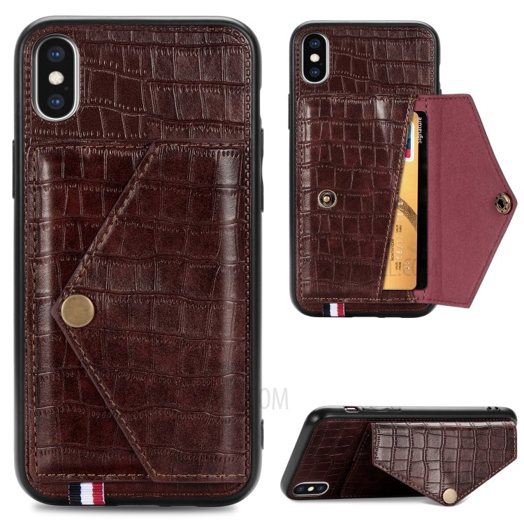 Crocodile Texture Card Holder PU Leather Coated TPU Case for Apple iPhone X/XS - Brown-1