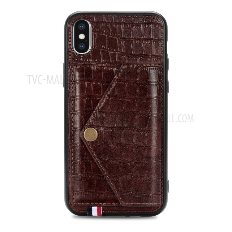 Crocodile Texture Card Holder PU Leather Coated TPU Case for Apple iPhone X/XS - Brown-2