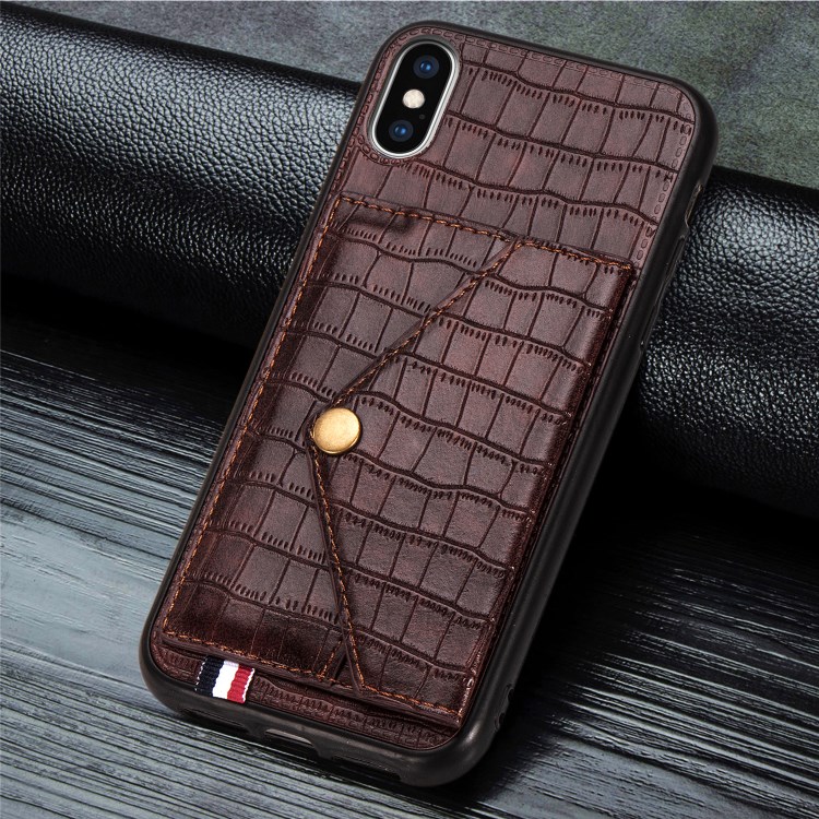 Crocodile Texture Card Holder PU Leather Coated TPU Case for Apple iPhone X/XS - Brown-5