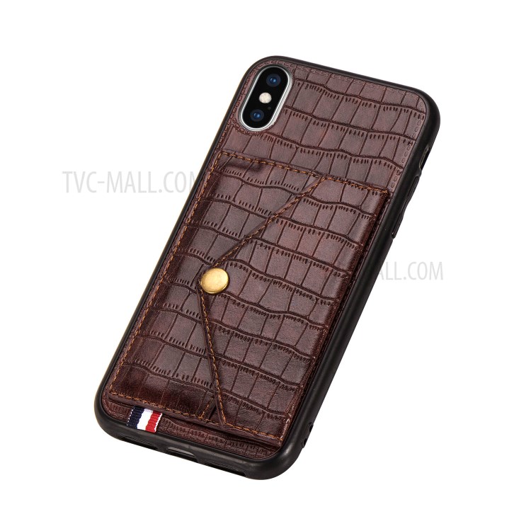 Crocodile Texture Card Holder PU Leather Coated TPU Case for Apple iPhone X/XS - Brown-6