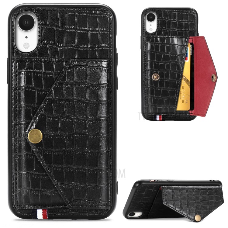 Crocodile Texture Phone Case Card Holder for Apple iPhone XR 6.1 inch - Black-1