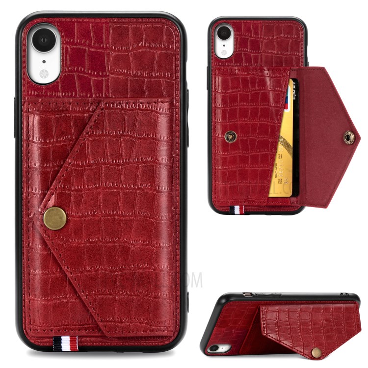 Crocodile Texture Phone Case Card Holder for Apple iPhone XR 6.1 inch - Red-1