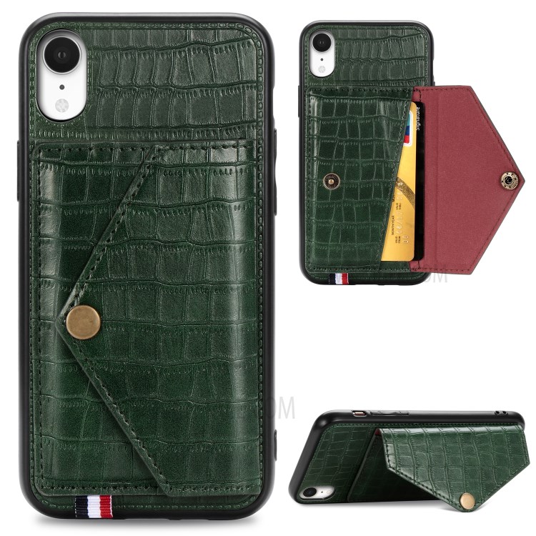 Crocodile Texture Phone Case Card Holder for Apple iPhone XR 6.1 inch - Green-1