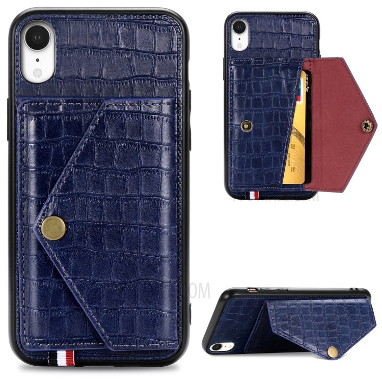 Crocodile Texture Phone Case Card Holder for Apple iPhone XR 6.1 inch - Blue-1