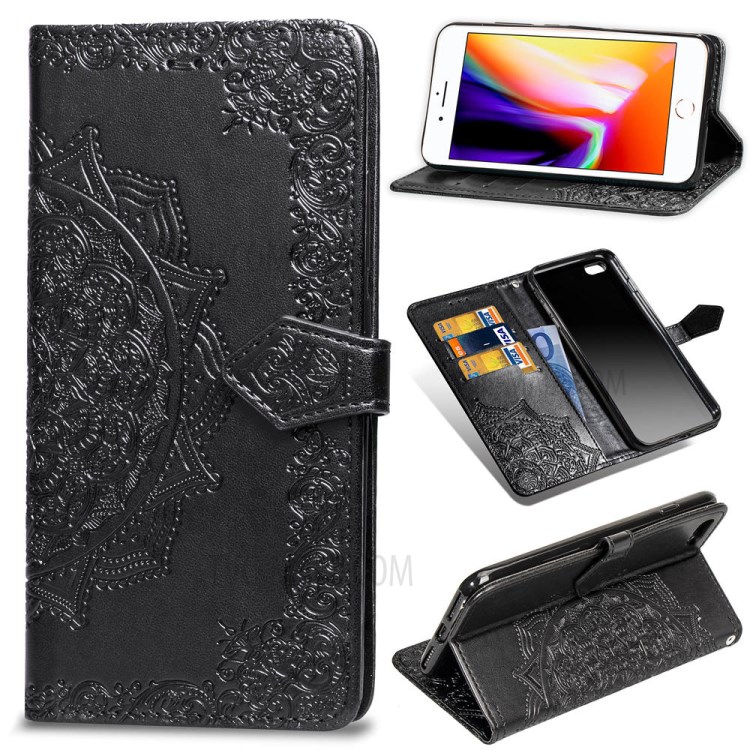 Embossed Mandala Flower Leather Wallet Phone Cover Case for Apple iPhone 6/6s 4.7-inch - Black-1