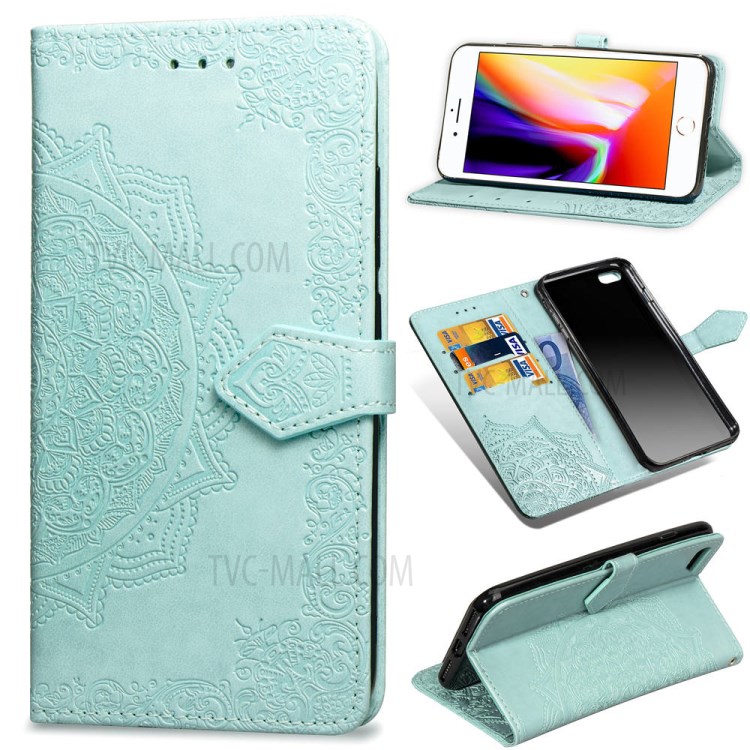 Geprägter Mandala Blume Leder Brieftasche Telefonabdeckung Fall Für Apple Iphone 6 / 4,7-Zoll-6S - Cyan-1