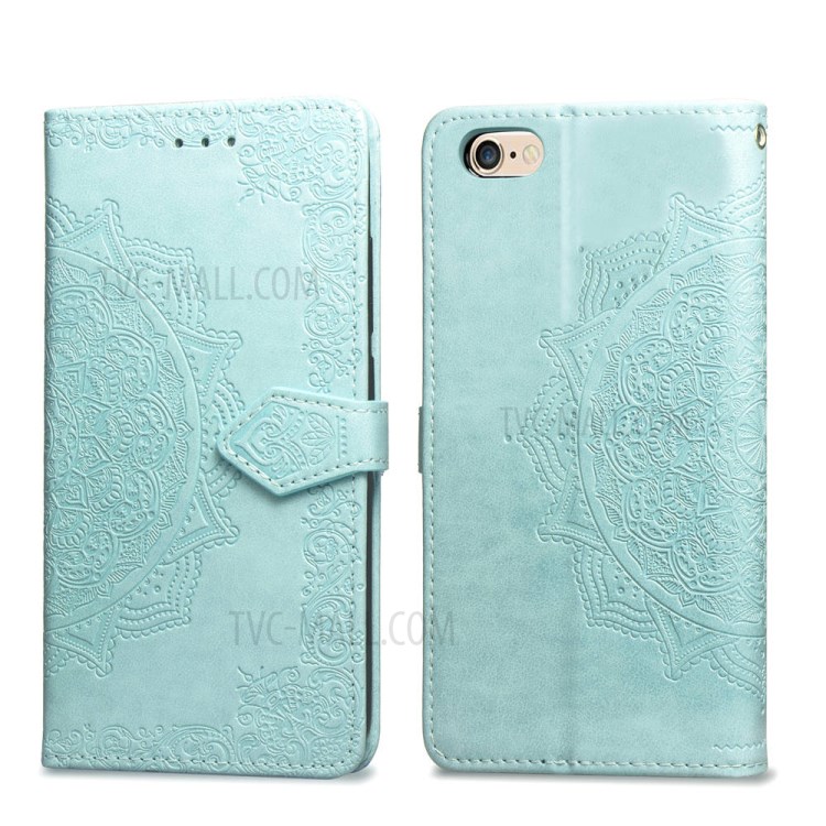 Geprägter Mandala Blume Leder Brieftasche Telefonabdeckung Fall Für Apple Iphone 6 / 4,7-Zoll-6S - Cyan-3