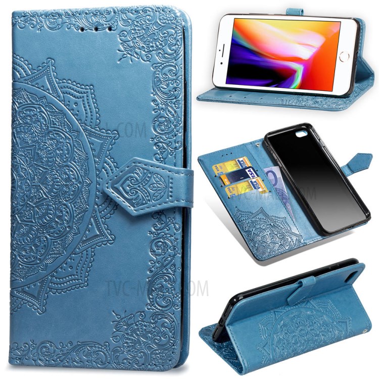 Embossed Mandala Flower Leather Wallet Phone Cover Case for Apple iPhone 6/6s 4.7-inch - Blue-1