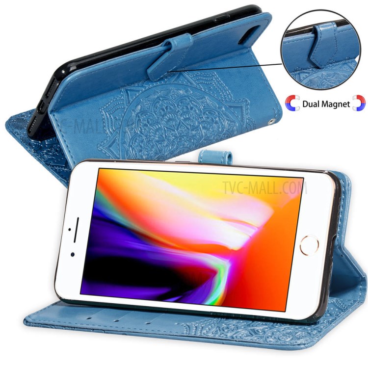 Embossed Mandala Flower Leather Wallet Phone Cover Case for Apple iPhone 6/6s 4.7-inch - Blue-7