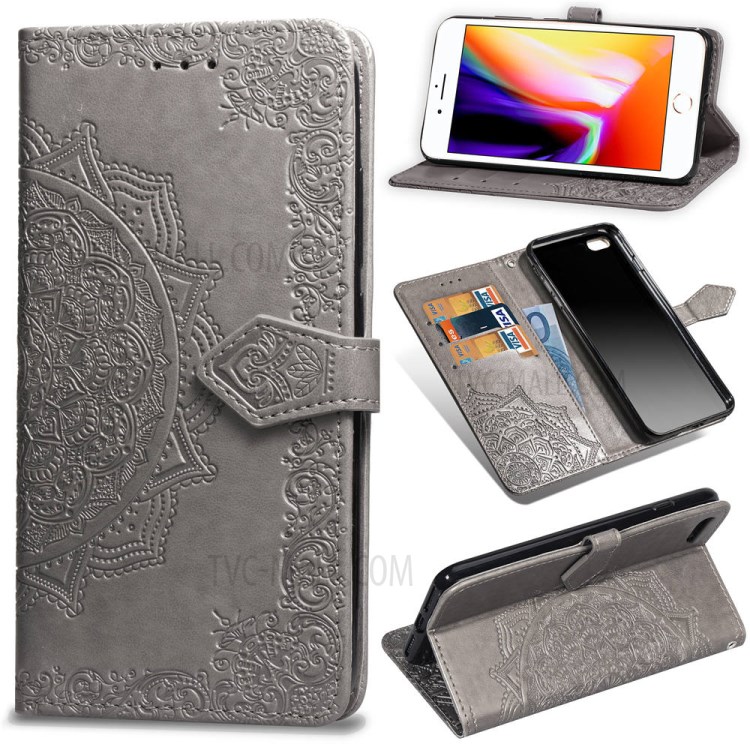 Embossed Mandala Flower Leather Wallet Phone Cover Case for Apple iPhone 6/6s 4.7-inch - Grey-1