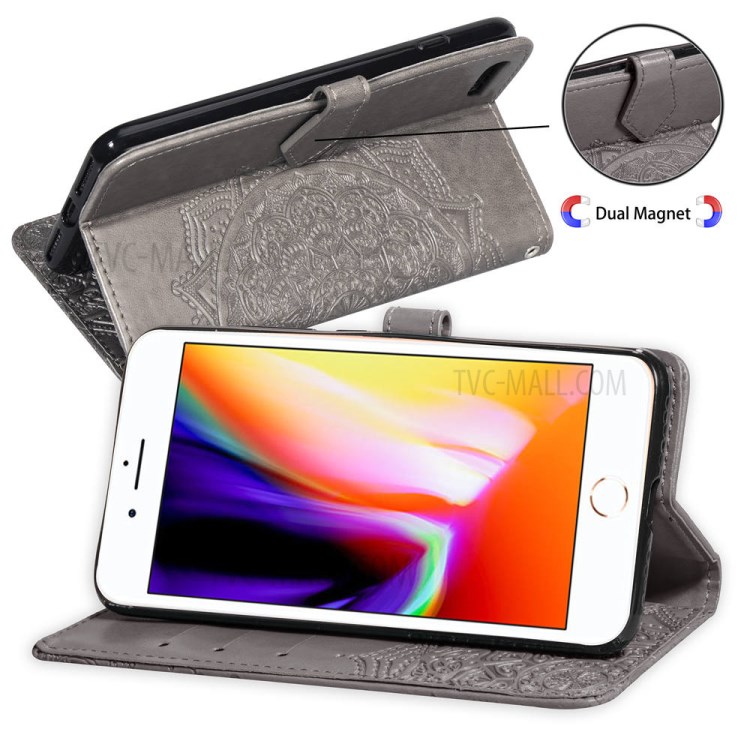 Embossed Mandala Flower Leather Wallet Phone Cover Case for Apple iPhone 6/6s 4.7-inch - Grey-7