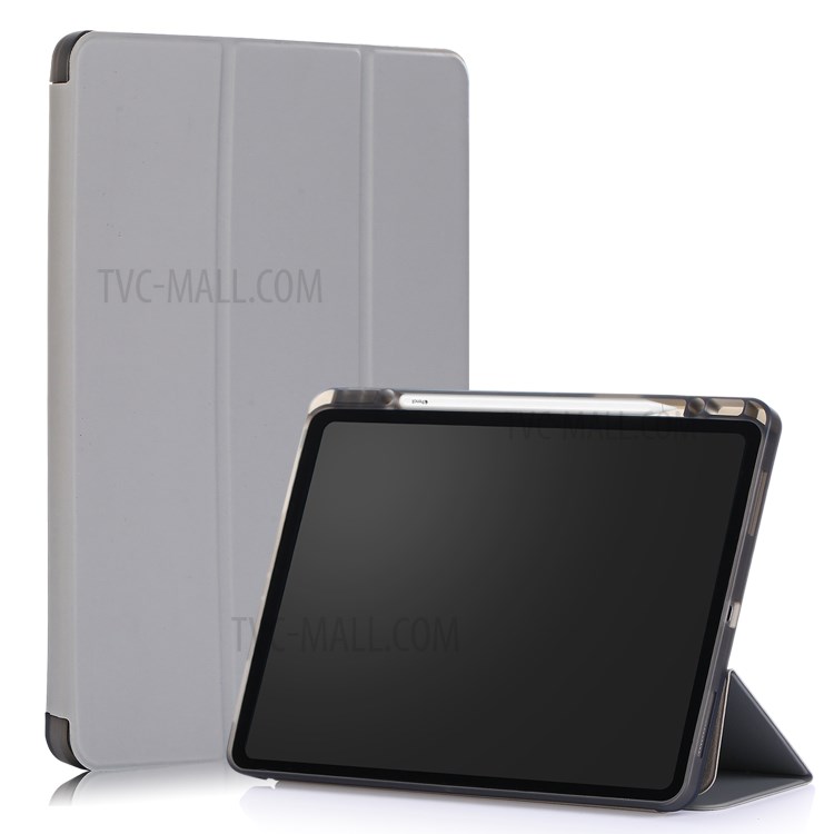 Tri-fold Stand Smart Leather Soft Case with Pencil Storage Groove for iPad Pro 12.9-inch (2020)/(2018) - Grey-1