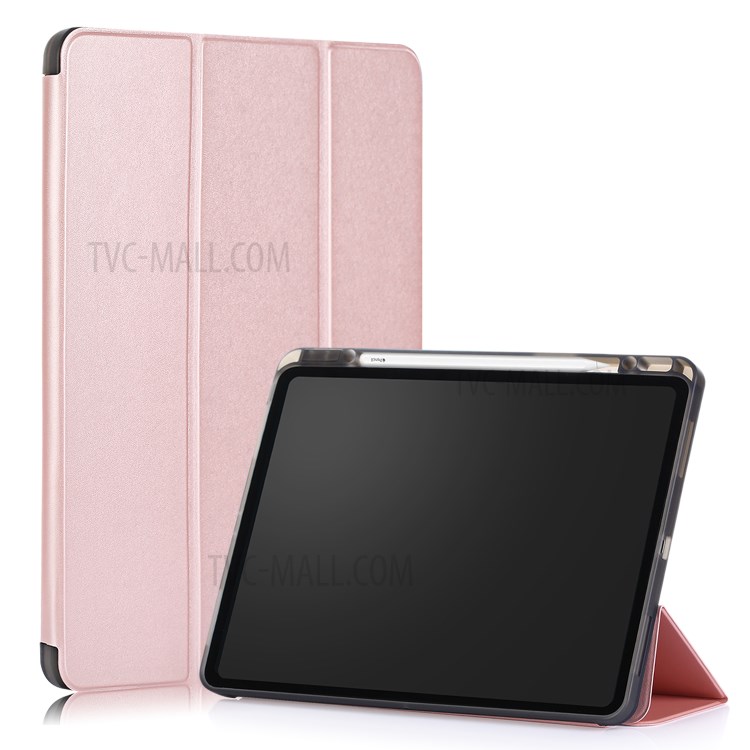 Tri-piega Basamento Cassa Morbida Pelle Intelligente Con La Scanalatura Immagazzinaggio Matita Per Ipad Pro 12,9 Pollici (2020) / (2018) - Oro Rosa-1