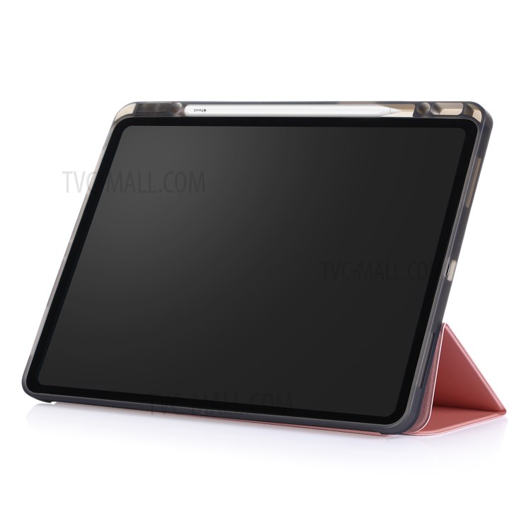 Tri-piega Basamento Cassa Morbida Pelle Intelligente Con La Scanalatura Immagazzinaggio Matita Per Ipad Pro 12,9 Pollici (2020) / (2018) - Oro Rosa-4