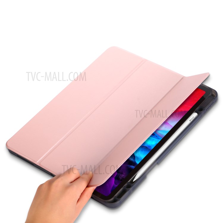 Tri-piega Basamento Cassa Morbida Pelle Intelligente Con La Scanalatura Immagazzinaggio Matita Per Ipad Pro 12,9 Pollici (2020) / (2018) - Oro Rosa-7