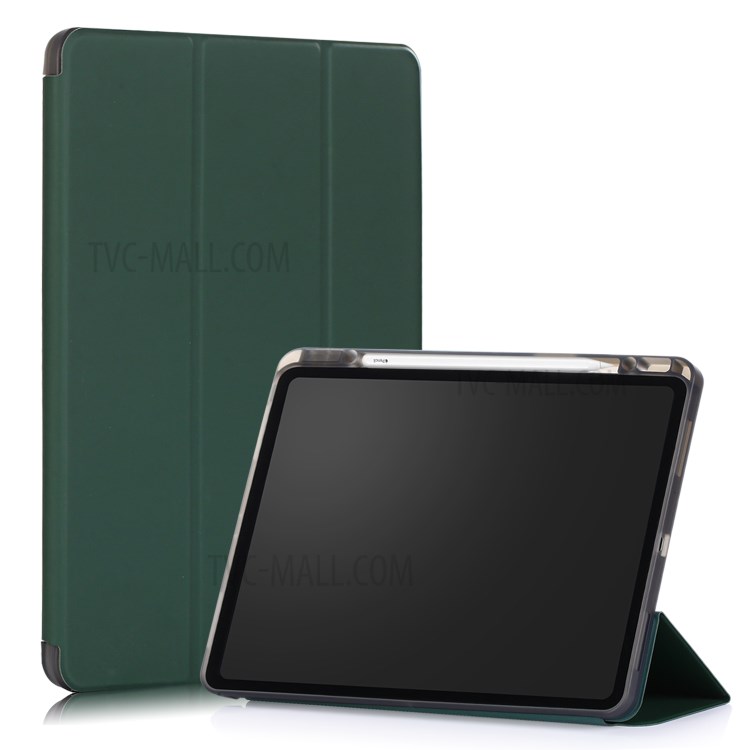 Tri-fold Stand Smart Leather Soft Case with Pencil Storage Groove for iPad Pro 12.9-inch (2020)/(2018) - Dark Green-1