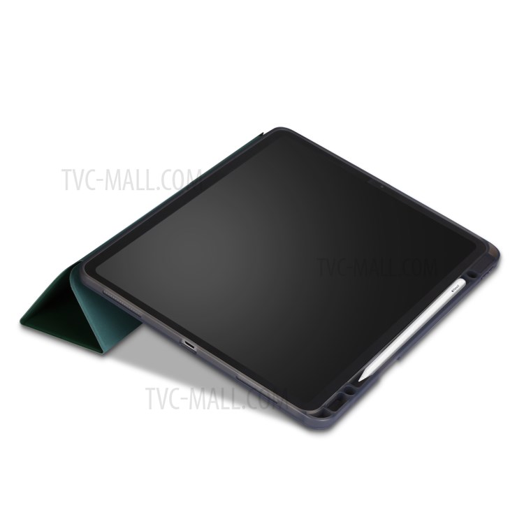 Tri-fold Stand Smart Leather Soft Case with Pencil Storage Groove for iPad Pro 12.9-inch (2020)/(2018) - Dark Green-6
